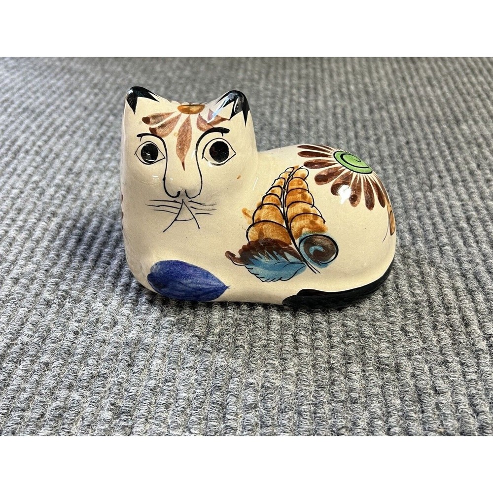 VTG Mexican Cat Ceramic Tonala‎ Pottery Figurine  Folk Art Hand Painted Figurine